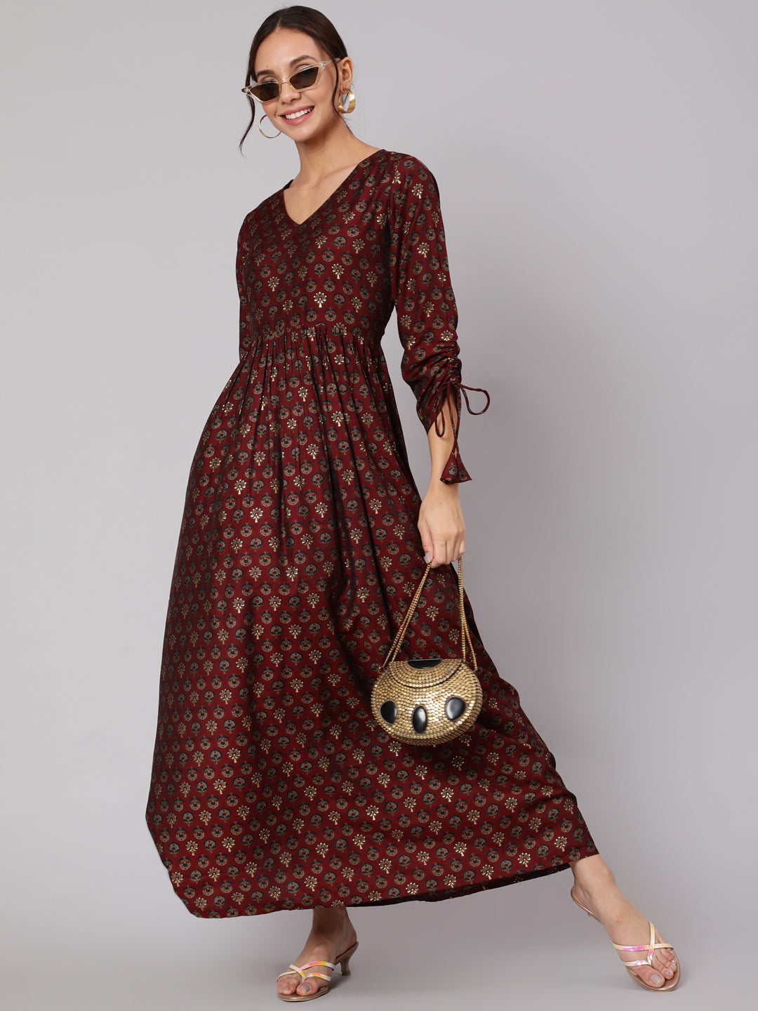 Maroon Ethnic Printed Gathered Dress With Three Quarter Sleeves