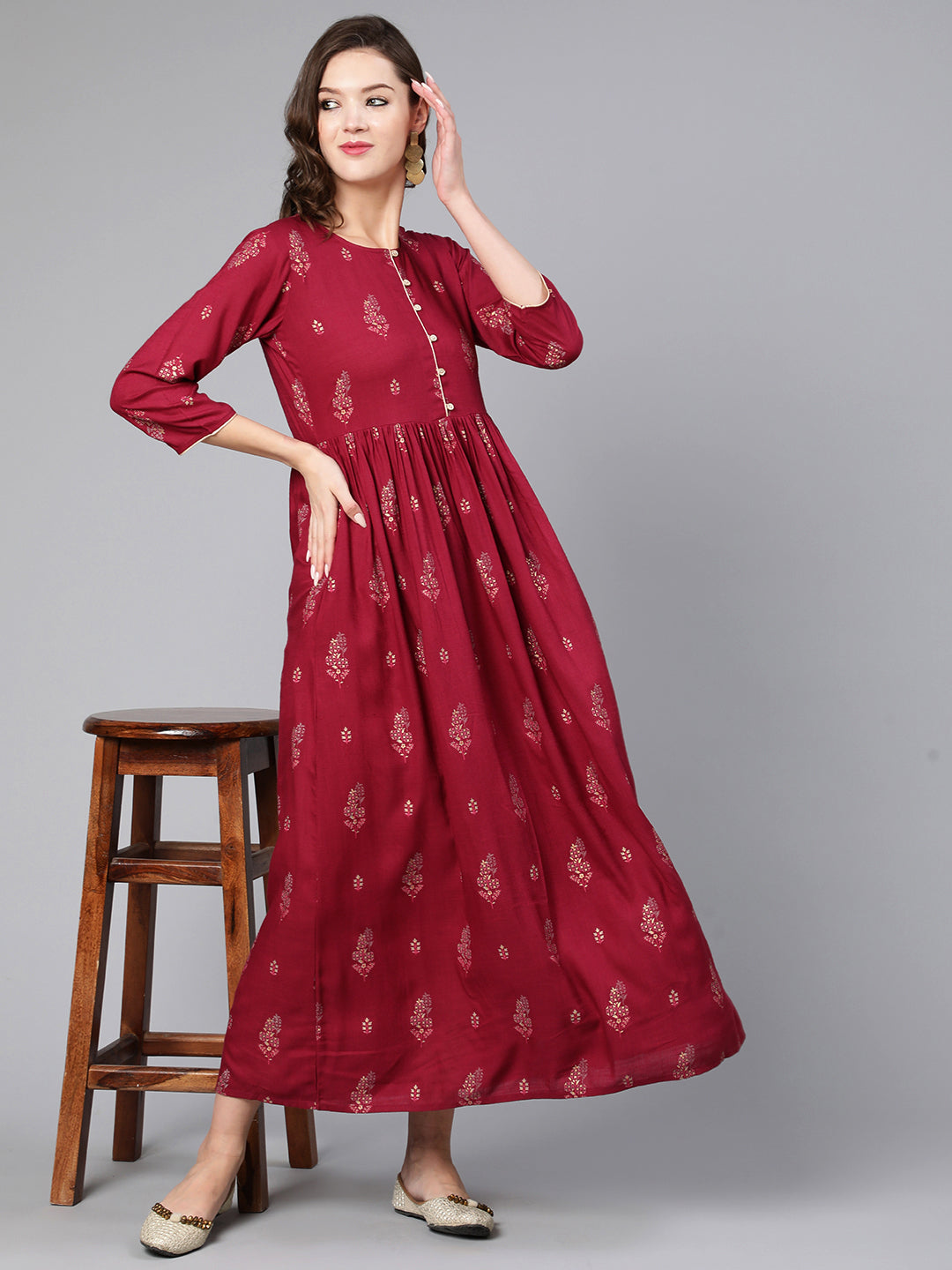 Burgundy Printed Flared Dress With Three Quarter Sleeves