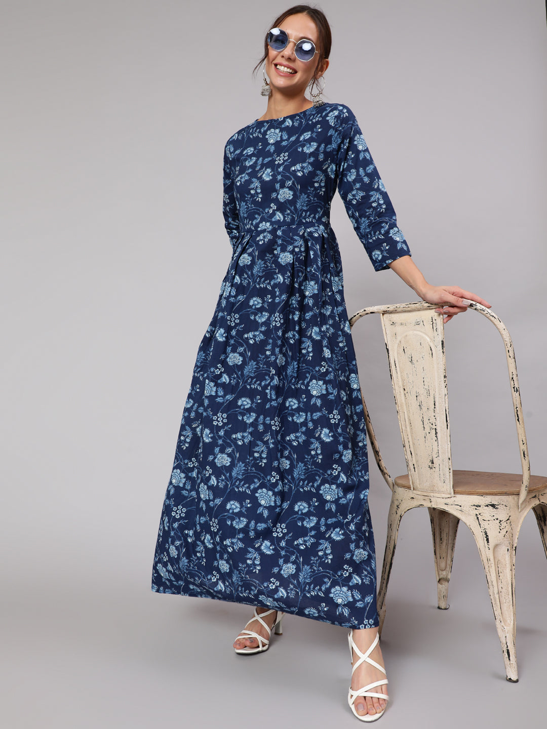 Blue Floral Printed Flared Dress With Three Quarter Sleeves