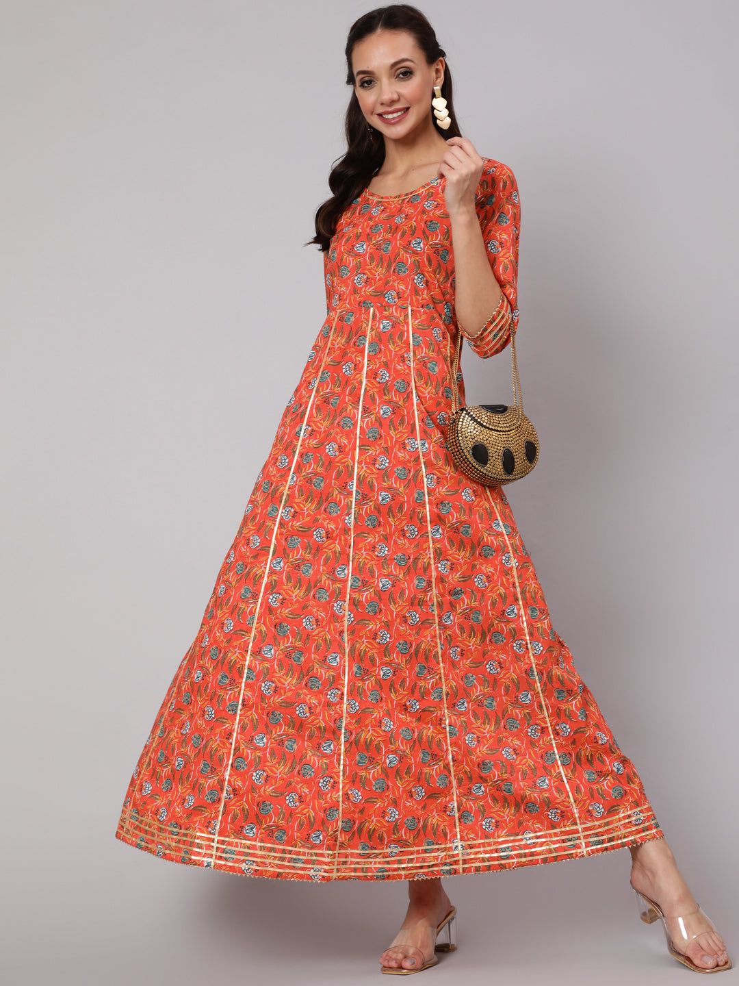 Orange Floral Printed Flared Dress With Three Quarter Sleeves