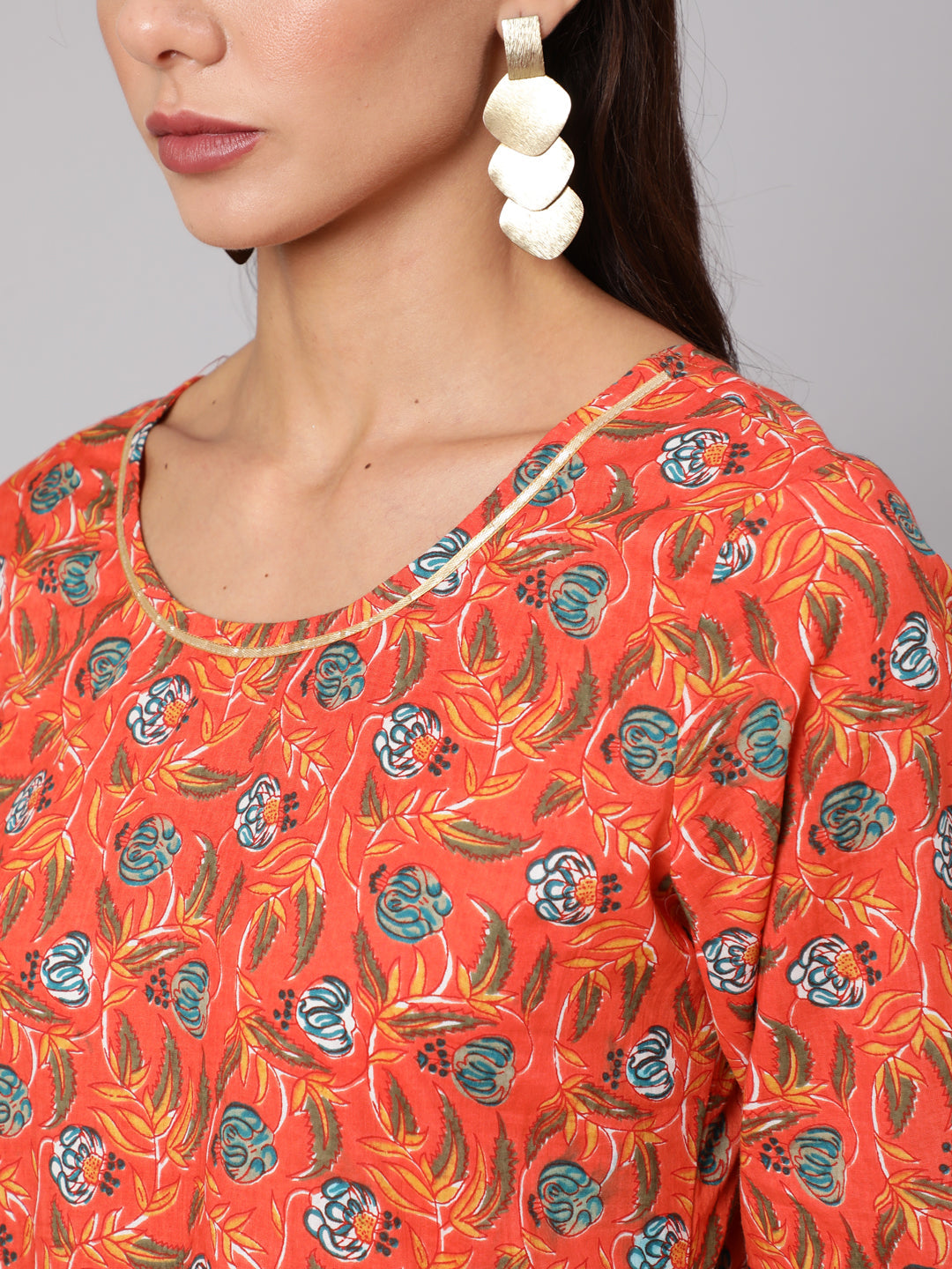 Orange Floral Printed Flared Dress With Three Quarter Sleeves