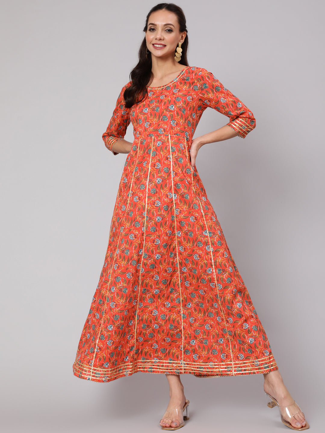 Orange Floral Printed Flared Dress With Three Quarter Sleeves