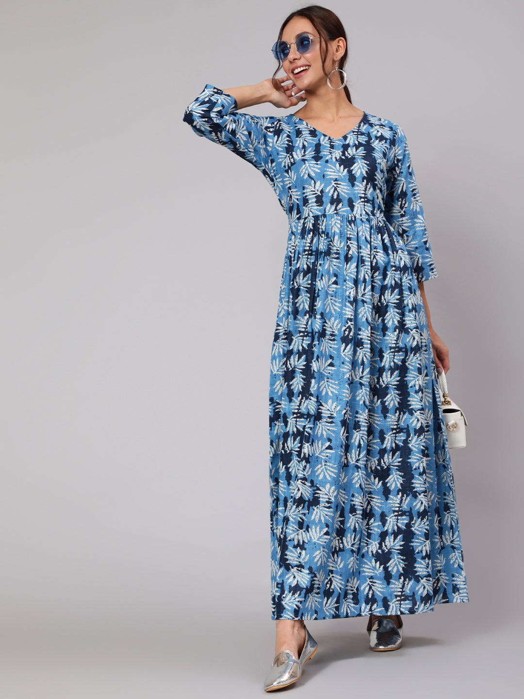 Blue Abstrac Printed Gathered Dress With Three Quarter Sleeves