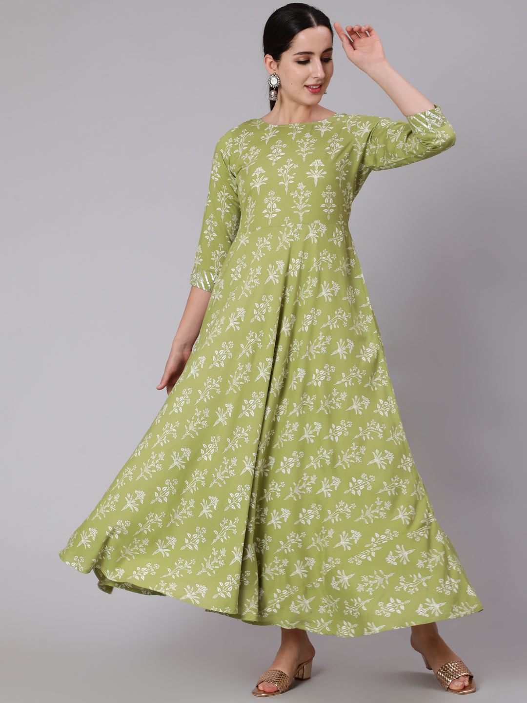 Olive Green Floral Printed Maxi Dress With Three Quarter Sleeves