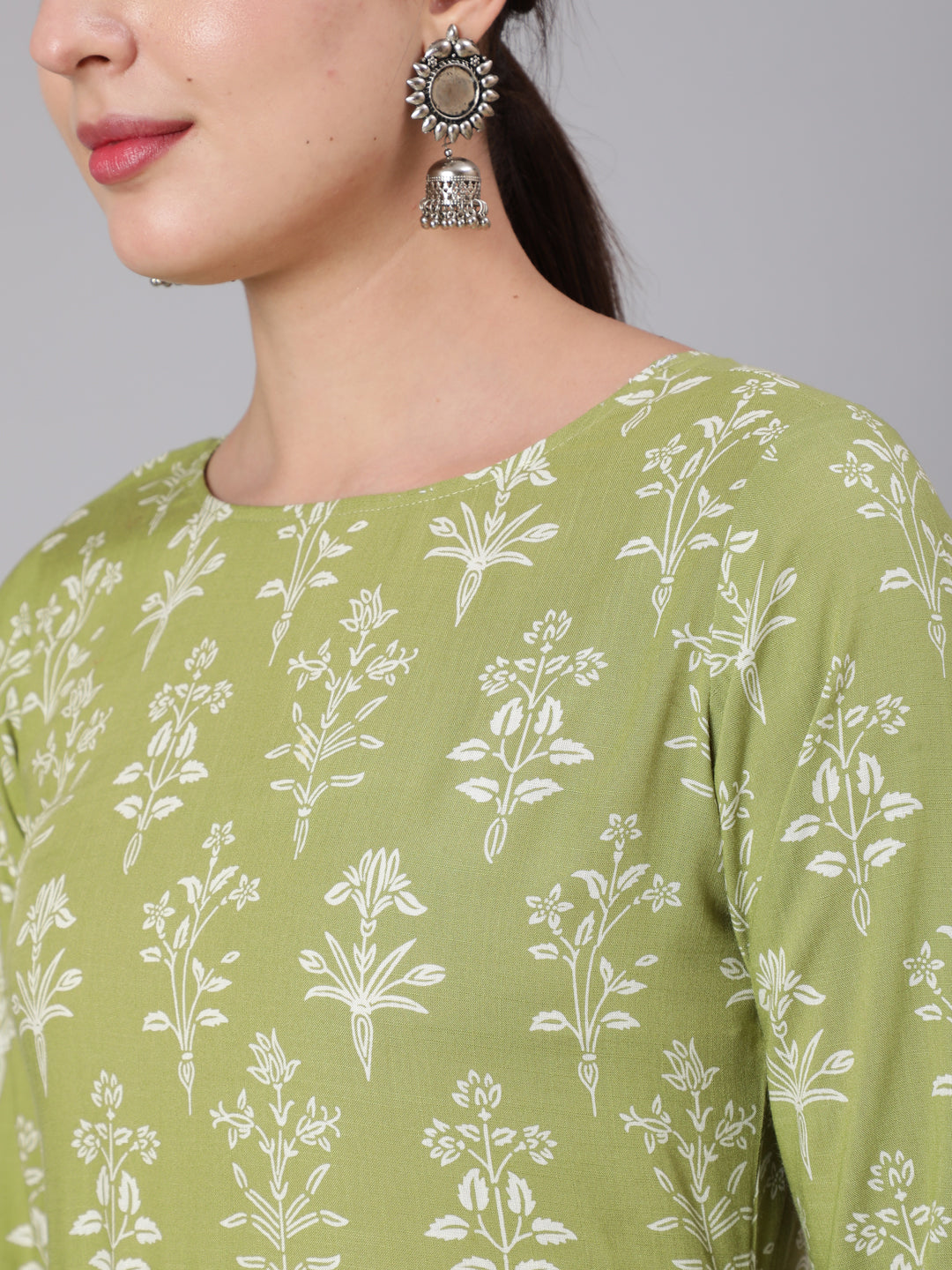 Olive Green Floral Printed Maxi Dress With Three Quarter Sleeves