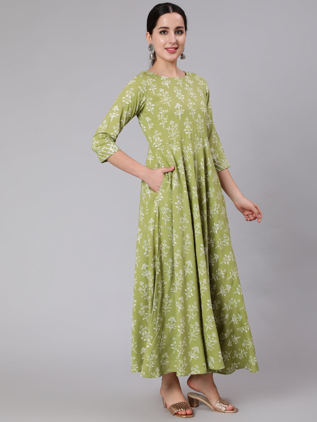 Olive Green Floral Printed Maxi Dress With Three Quarter Sleeves