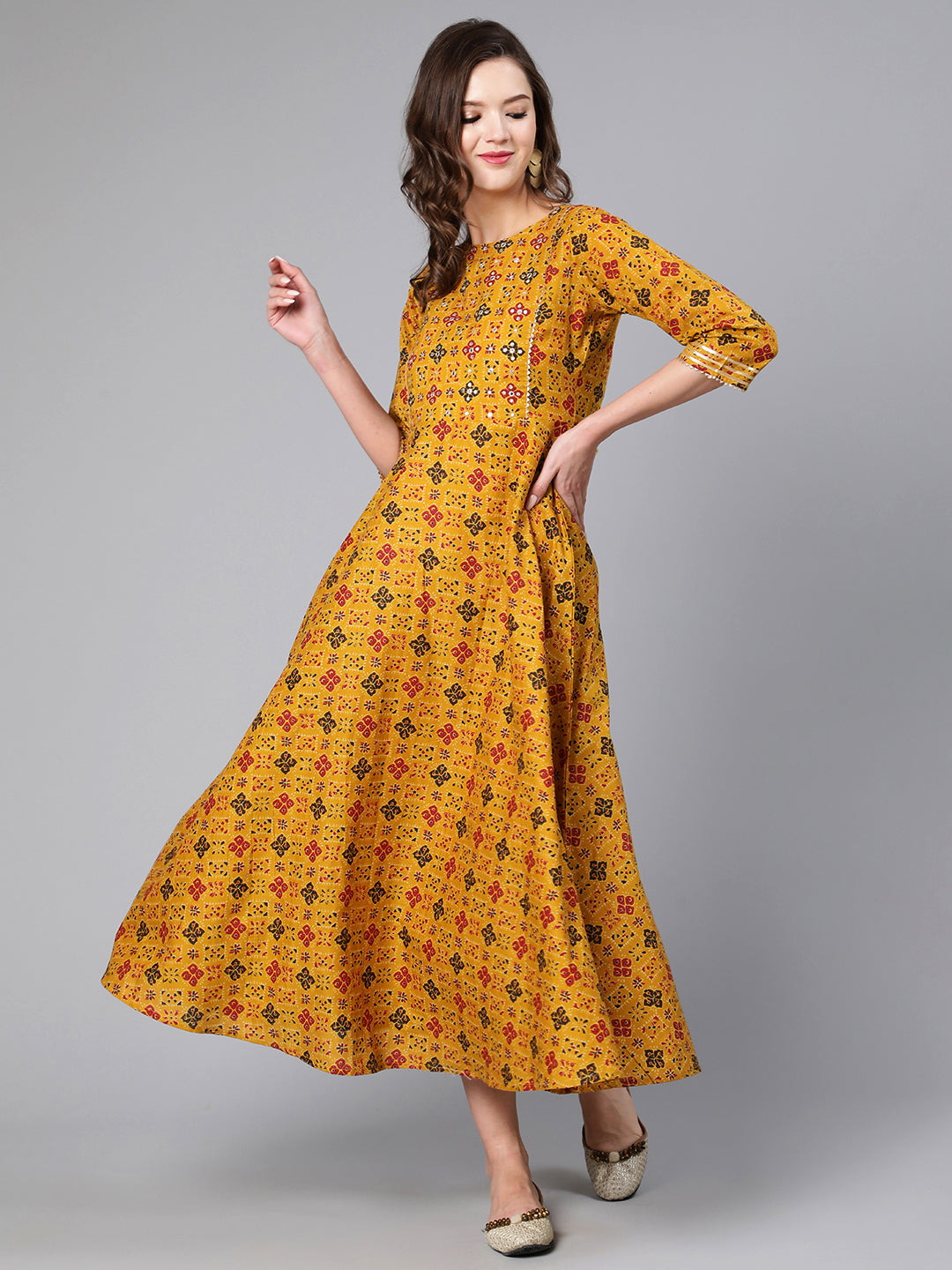 Mustard Ethnic Printed Flared Dress