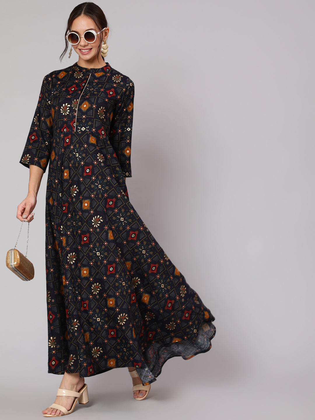 Navy Blue Ethnic Printed Dress With Three Quarter Sleeves