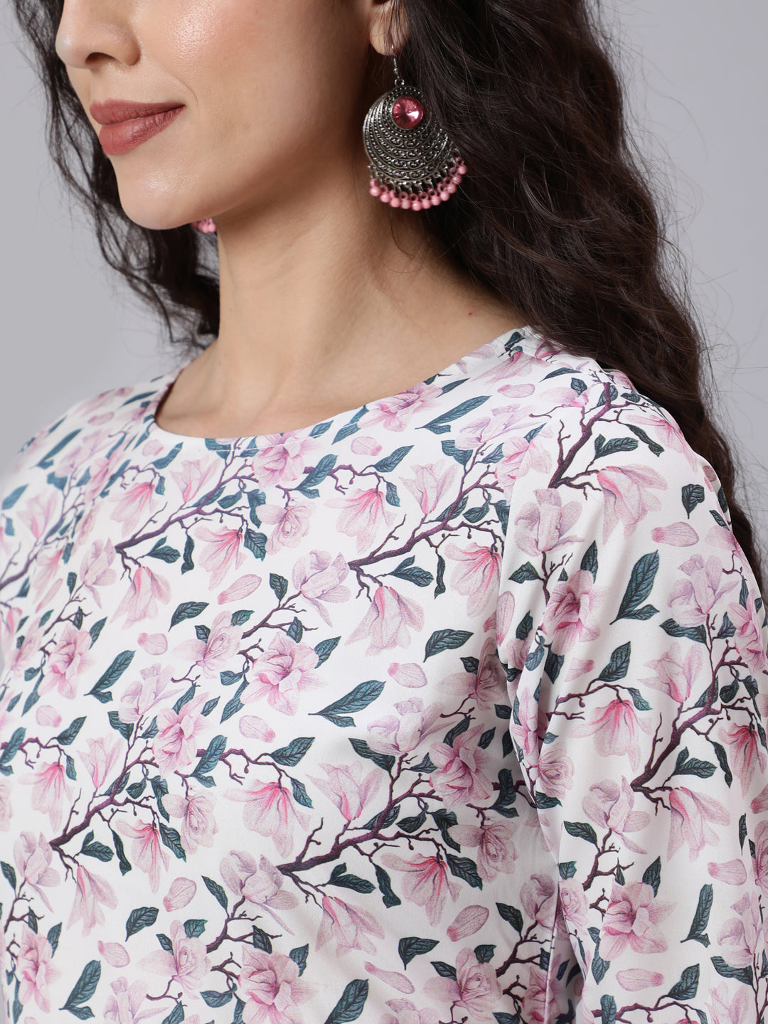 Off White Printed Flared Dress With Three Quarter Sleeves