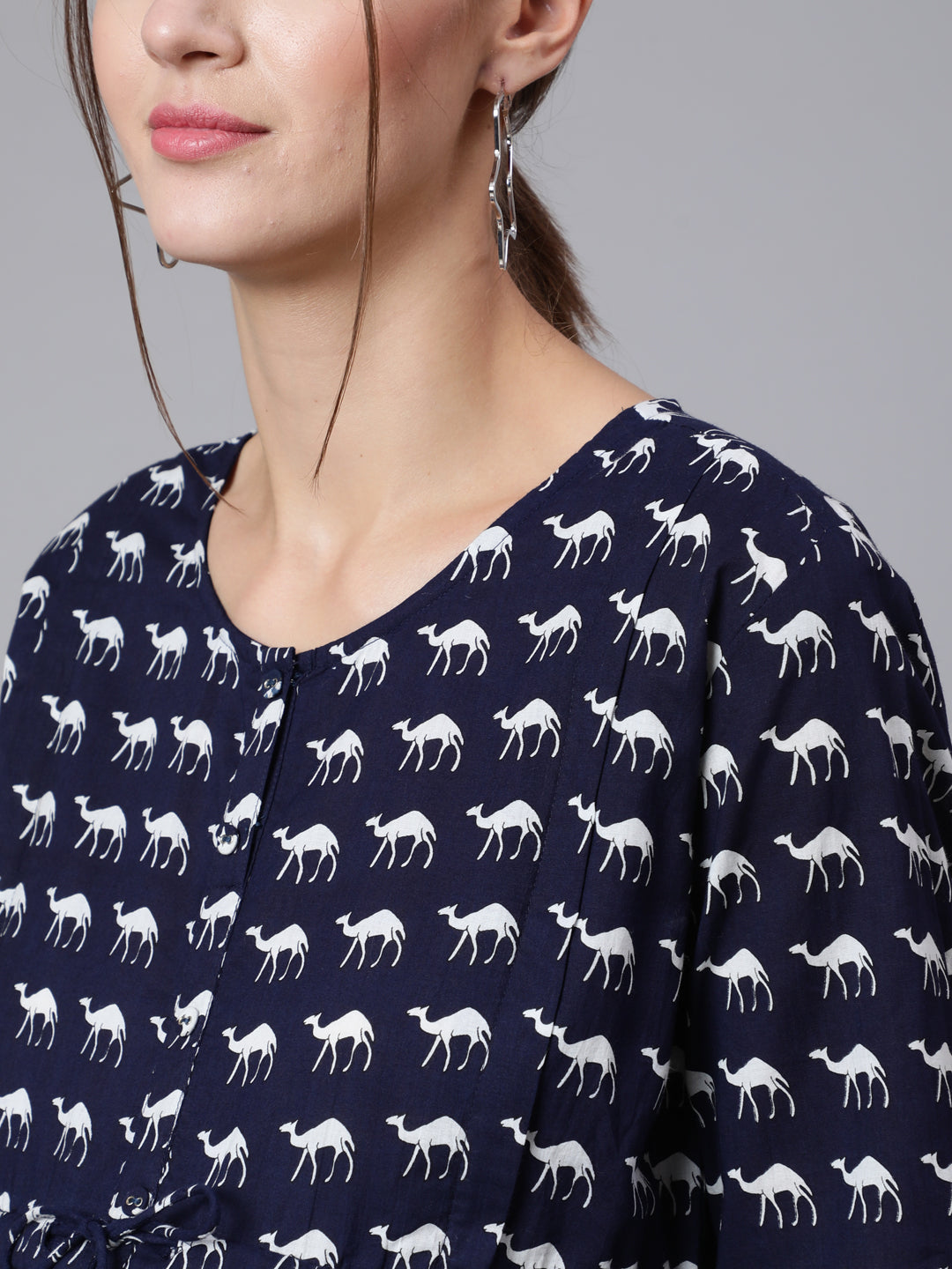 Navy Blue Ethnic Printed Flared Maternity Dress