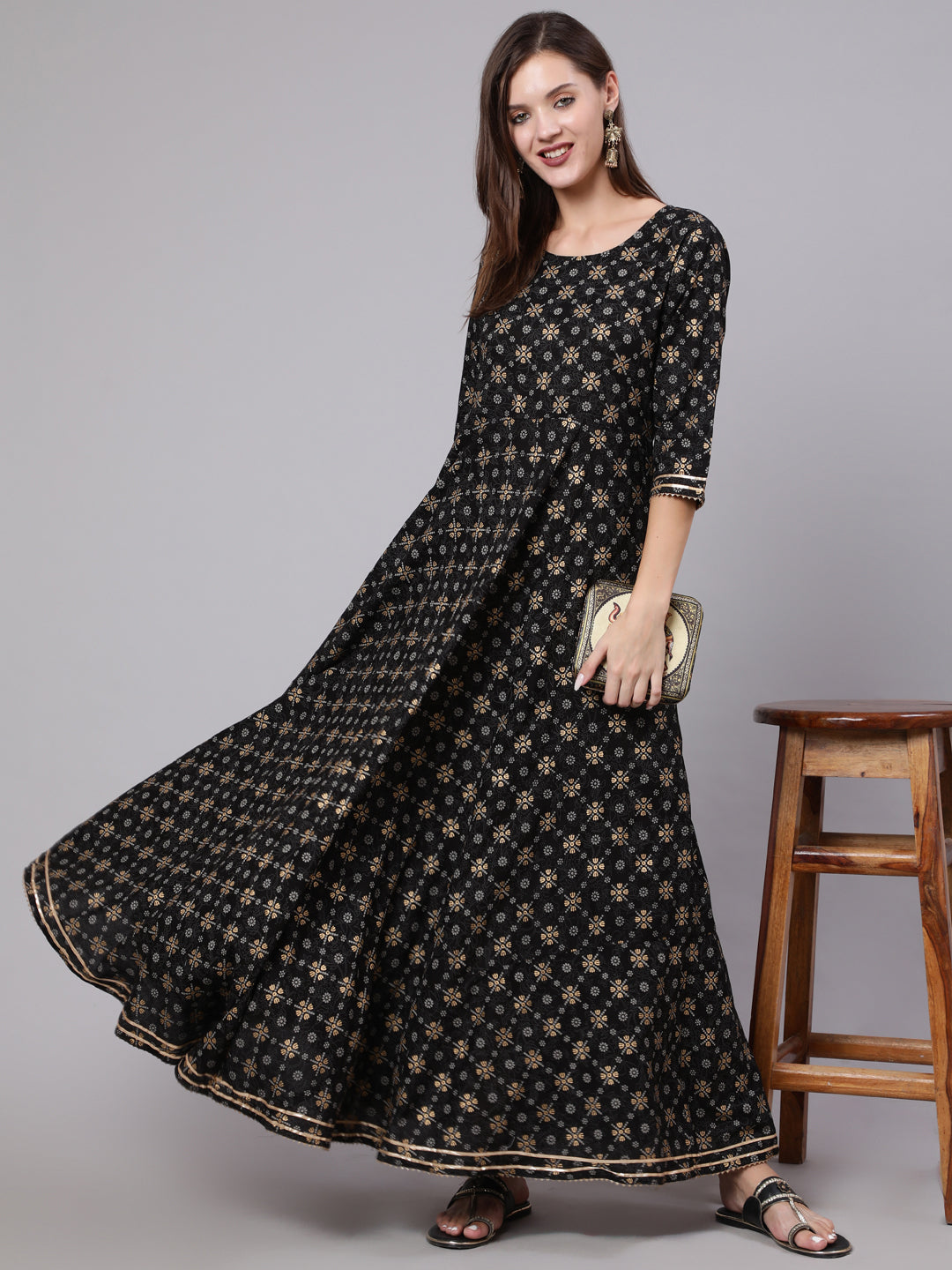 Black Printed Ethnic Dress with Gotta Details