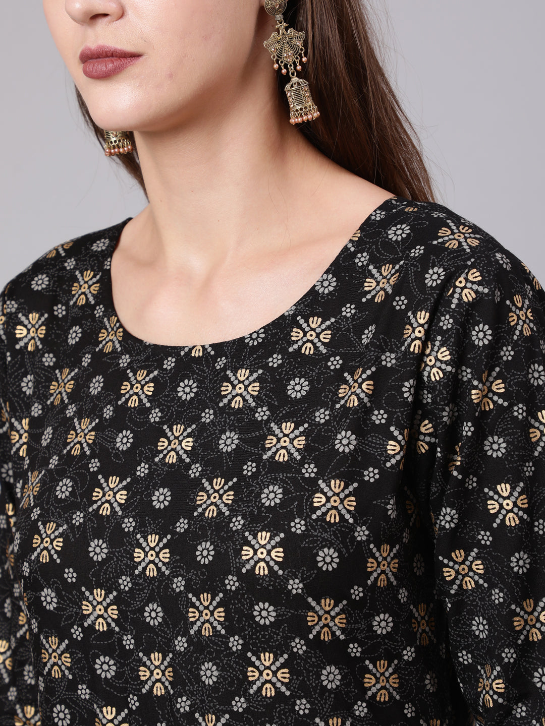 Black Printed Ethnic Dress with Gotta Details
