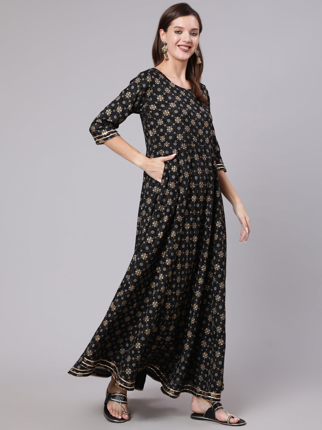 Black Printed Ethnic Dress with Gotta Details
