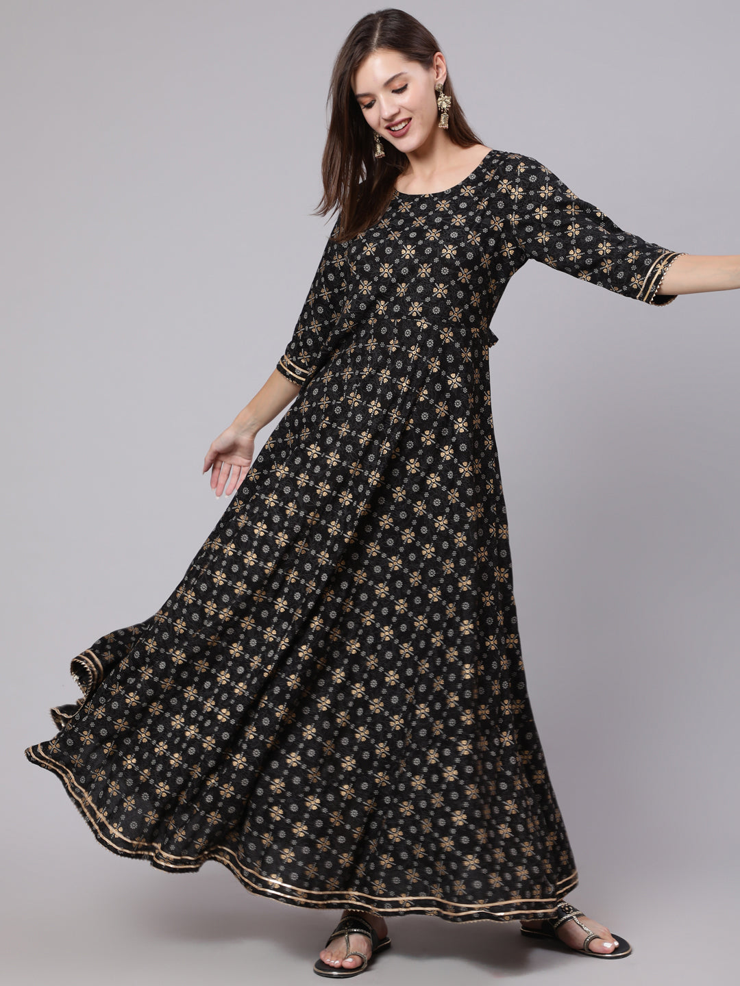 Black Printed Ethnic Dress with Gotta Details