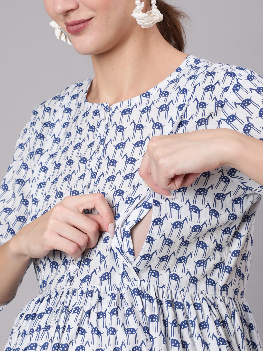 White And Blue Animal Printed Flared Maternity Dress