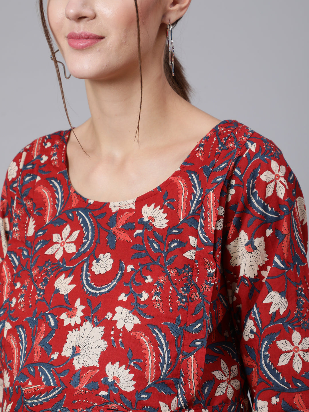 Maroon Ethinc Printed Flared Maternity Dress