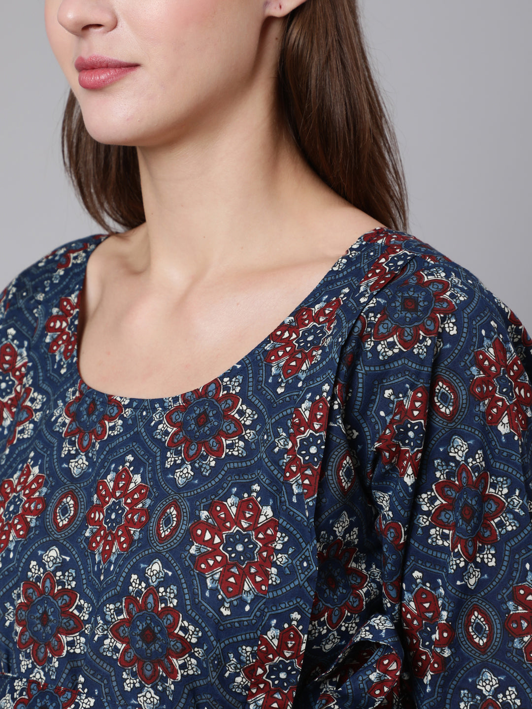 Navy Blue Ethinc Printed Flared Maternity Dress