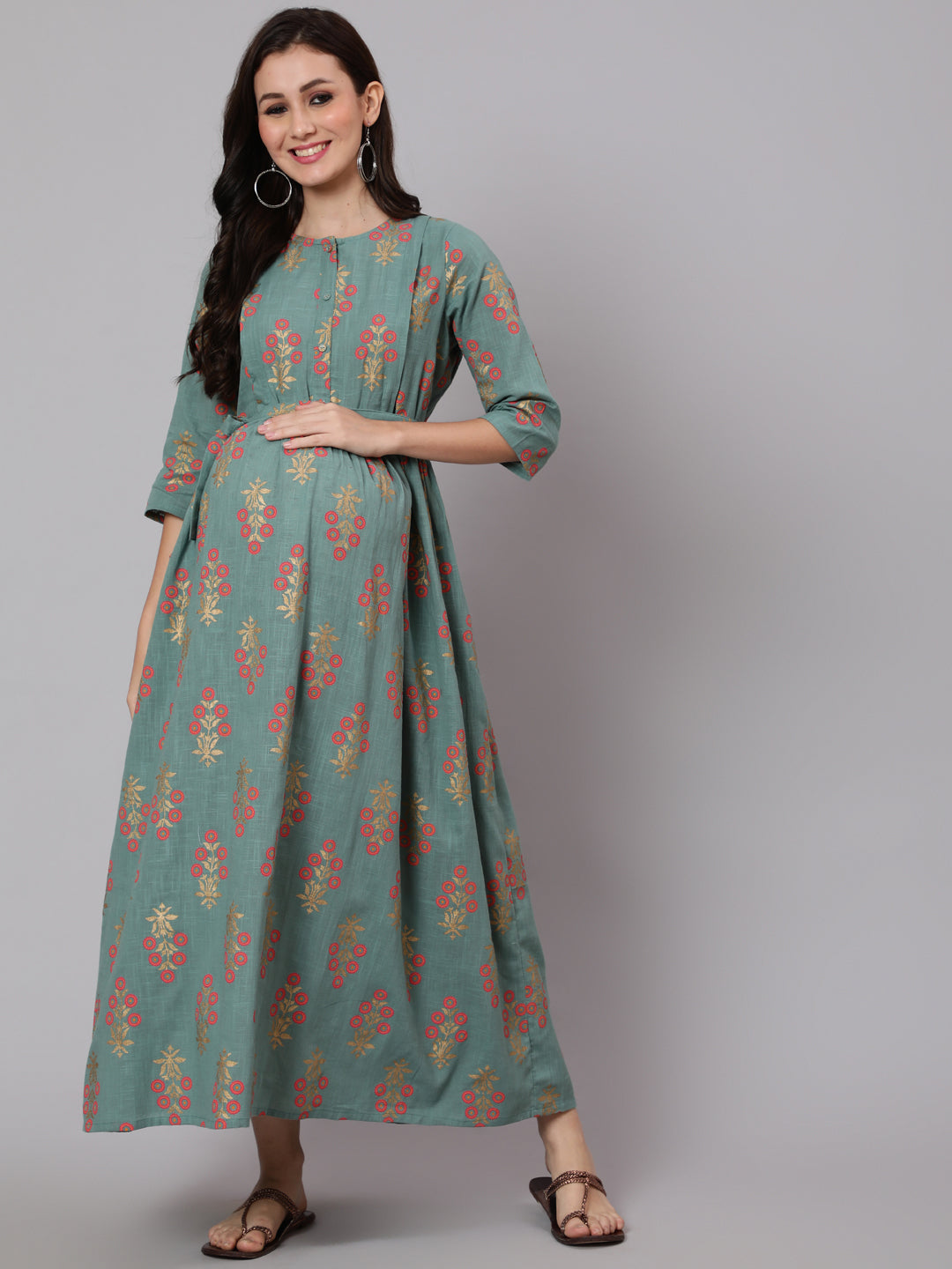 Green Ethnic Printed Flared Maternity Dress