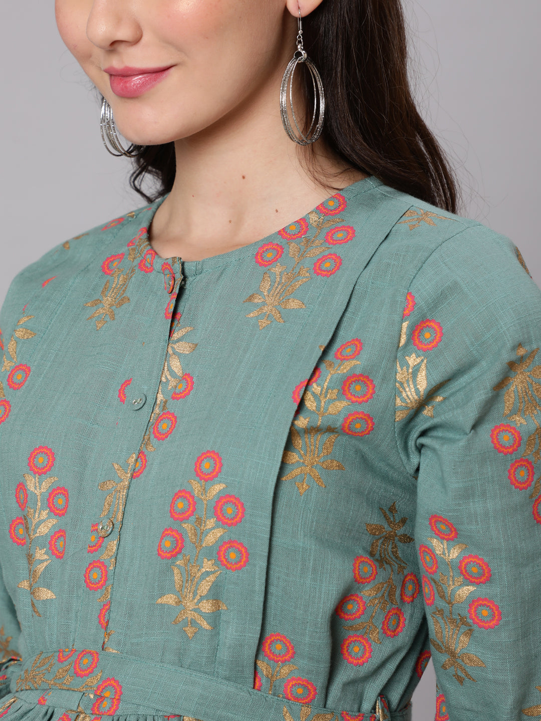 Green Ethnic Printed Flared Maternity Dress