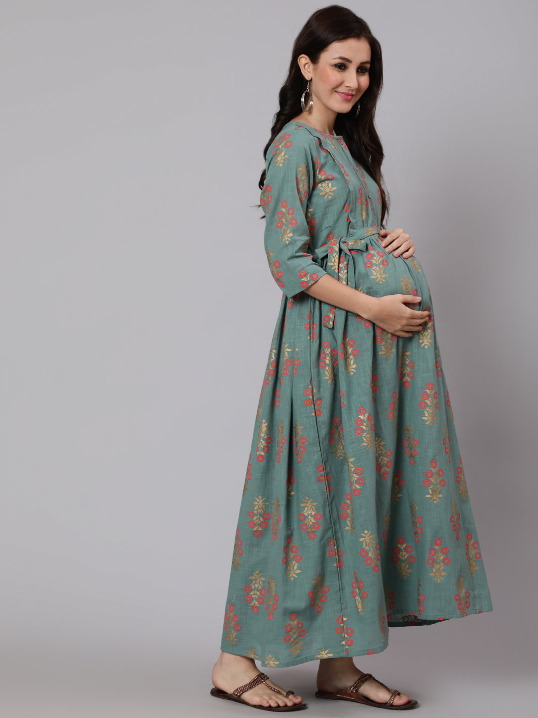 Green Ethnic Printed Flared Maternity Dress