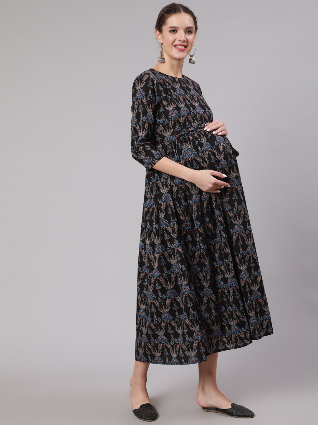 Black Floral Printed Flared Maternity Dress
