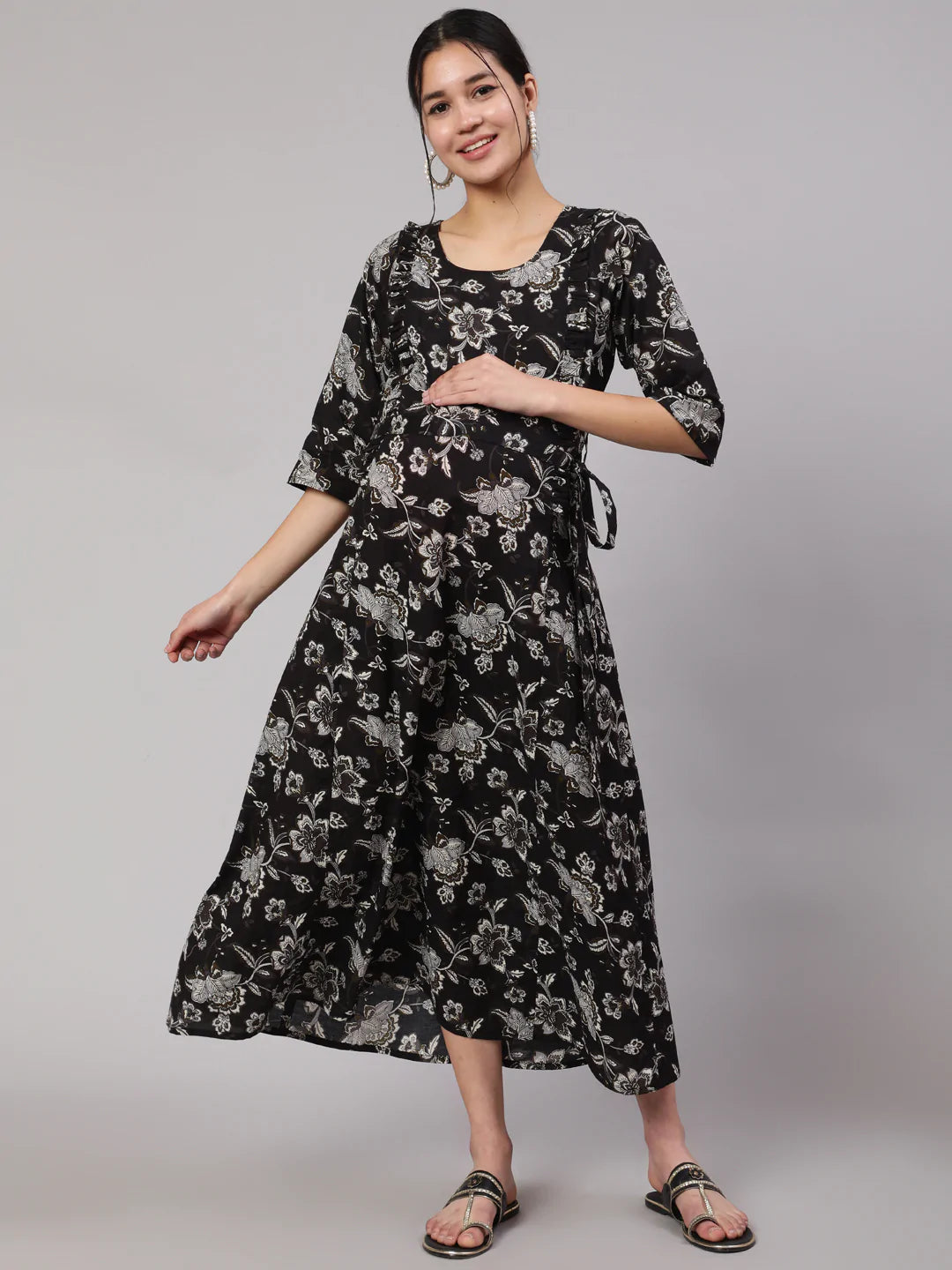 Black Floral Printed Flared Maternity Dress