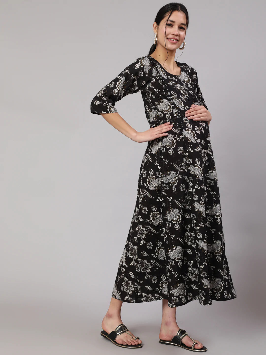 Black Floral Printed Flared Maternity Dress