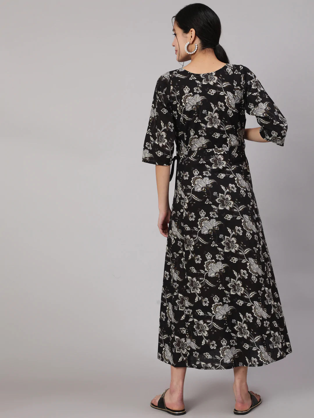 Black Floral Printed Flared Maternity Dress