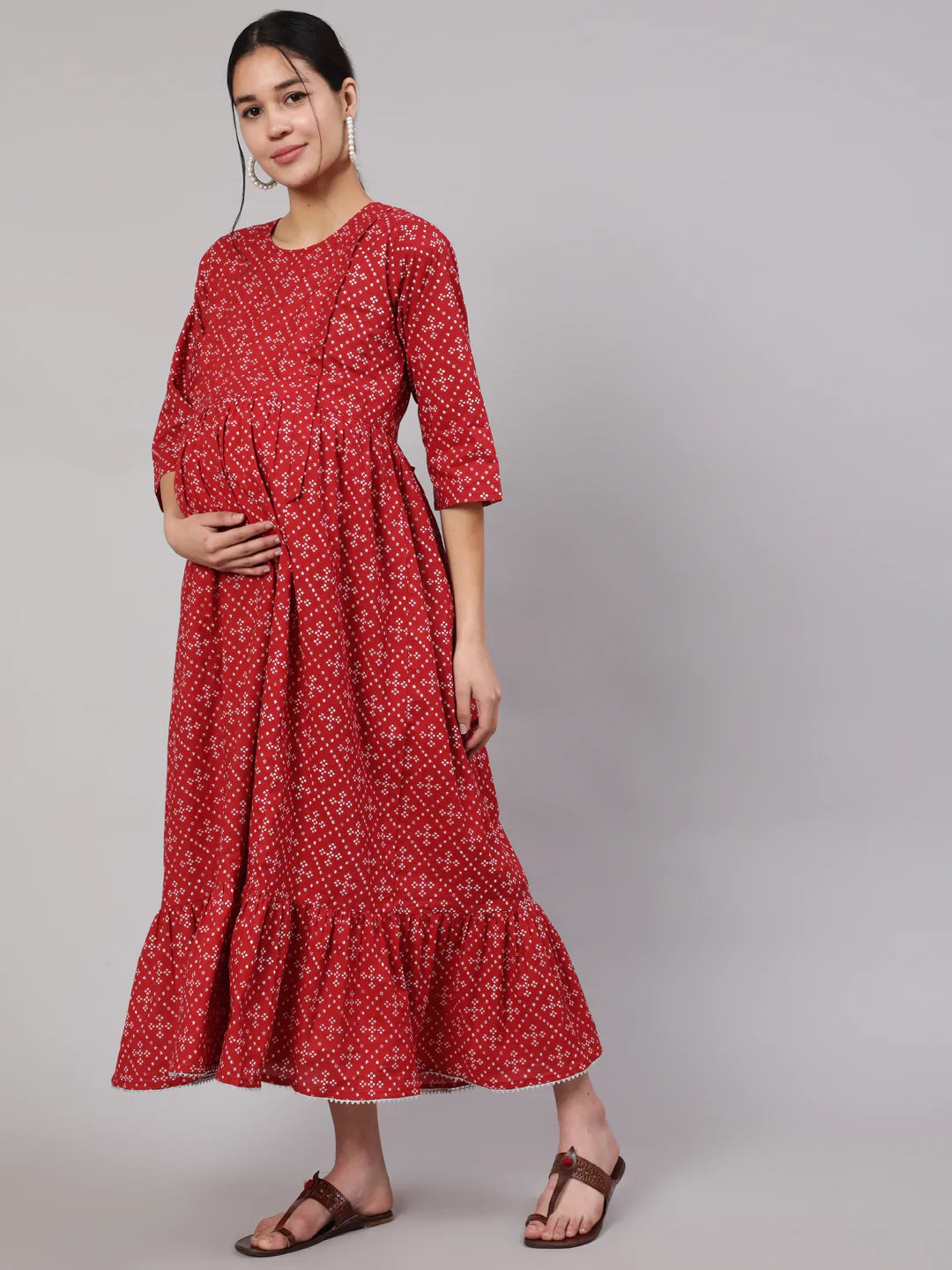 Maroon Printed Flared Maternity Dress