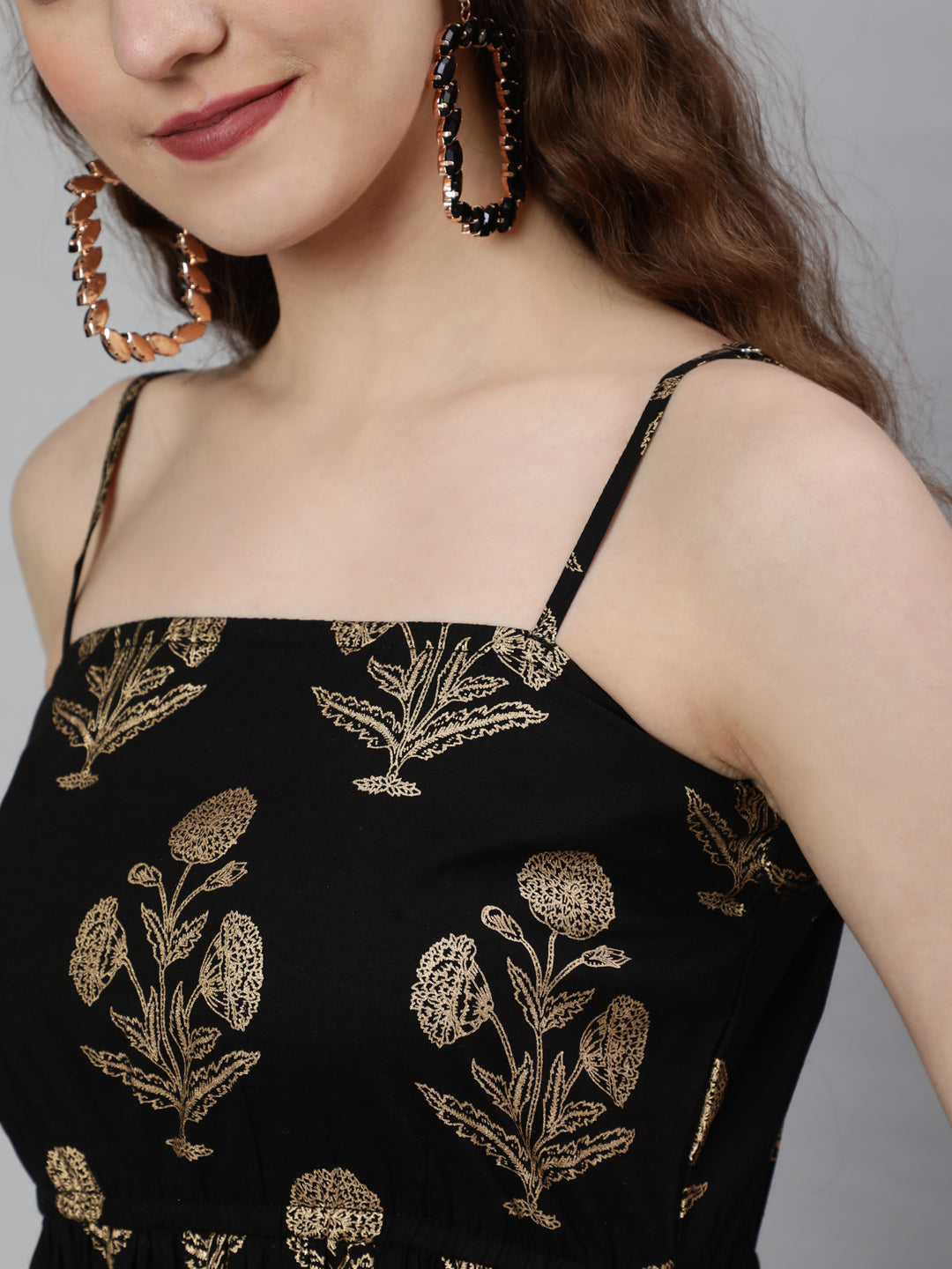 Black Ethnic Printed Shoulder Strap Dress
