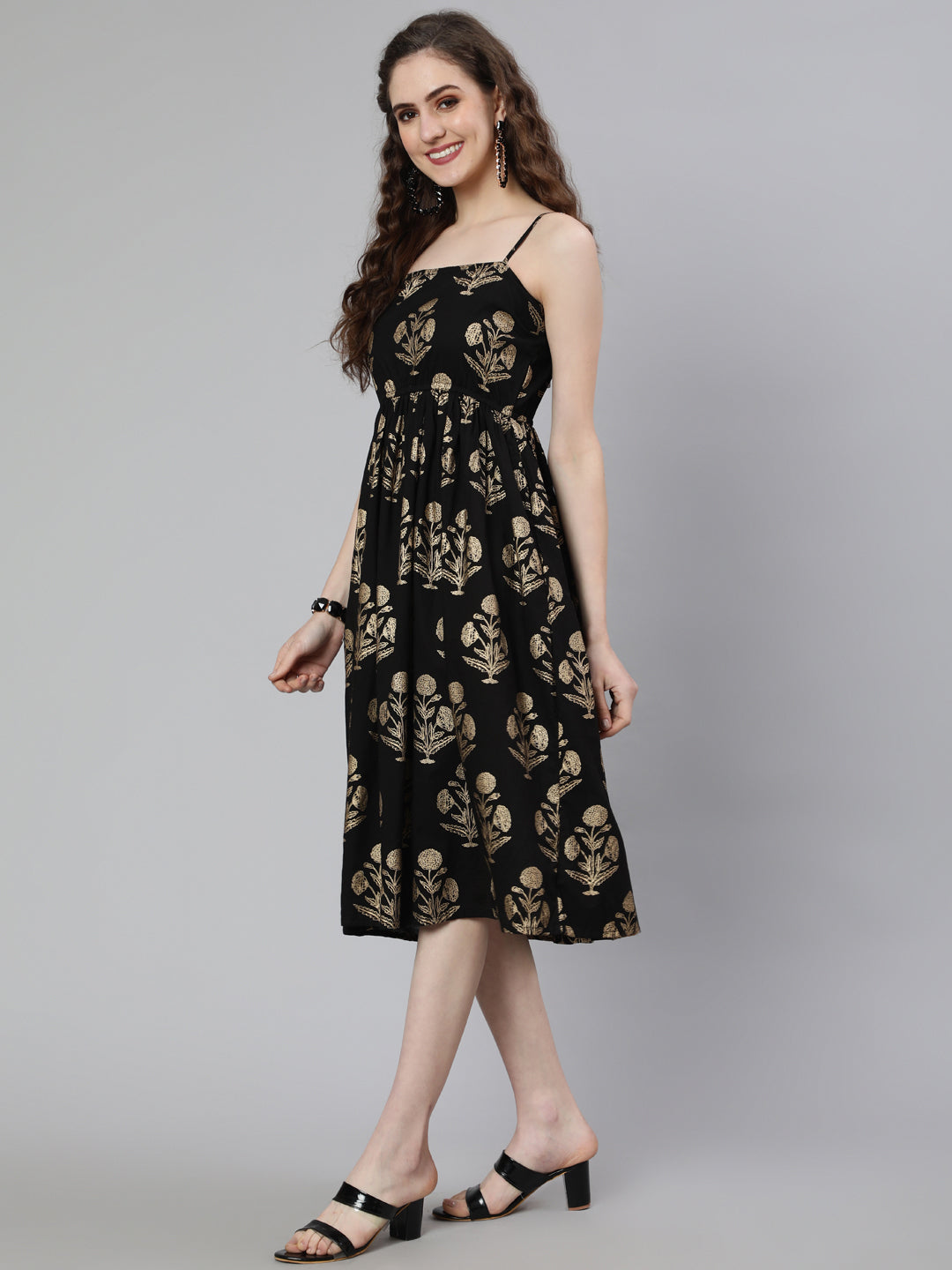 Black Ethnic Printed Shoulder Strap Dress