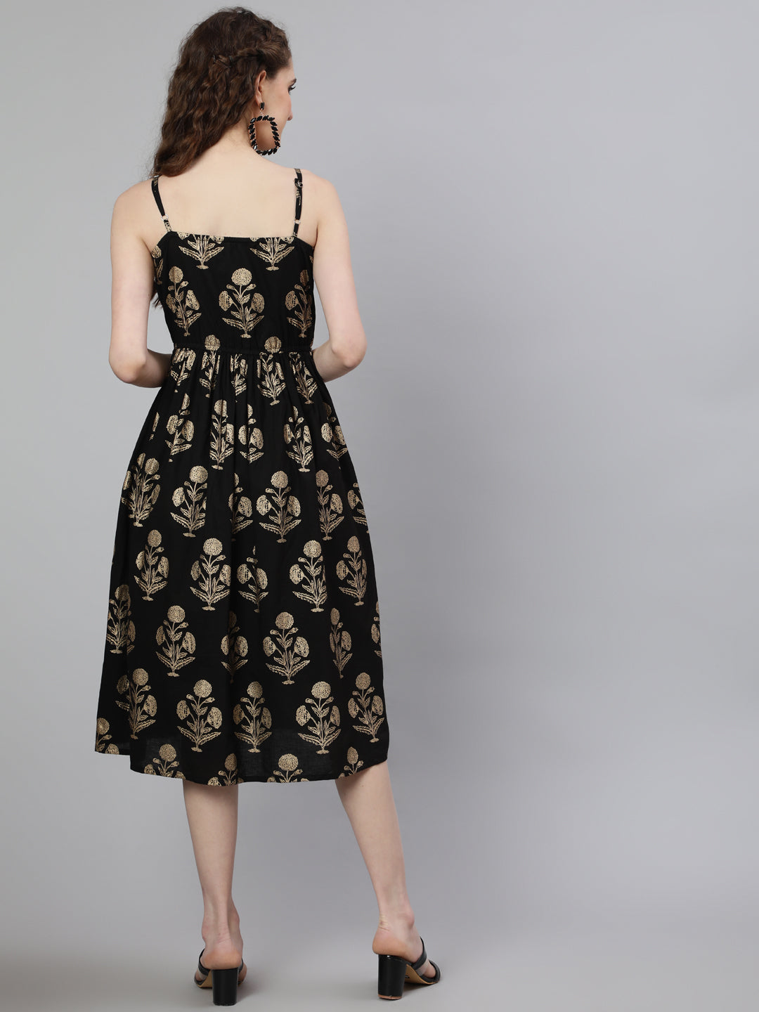Black Ethnic Printed Shoulder Strap Dress