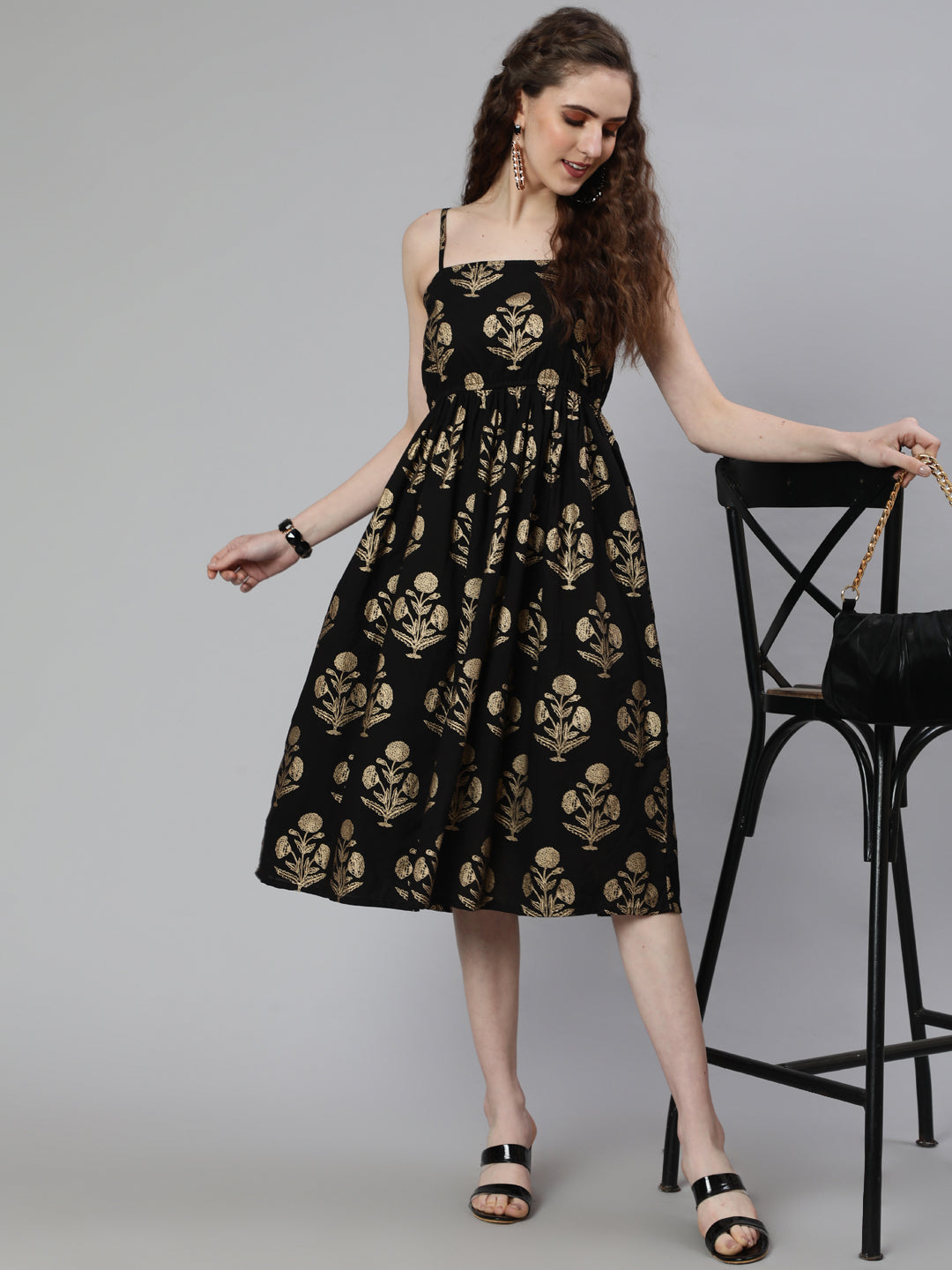 Black Ethnic Printed Shoulder Strap Dress