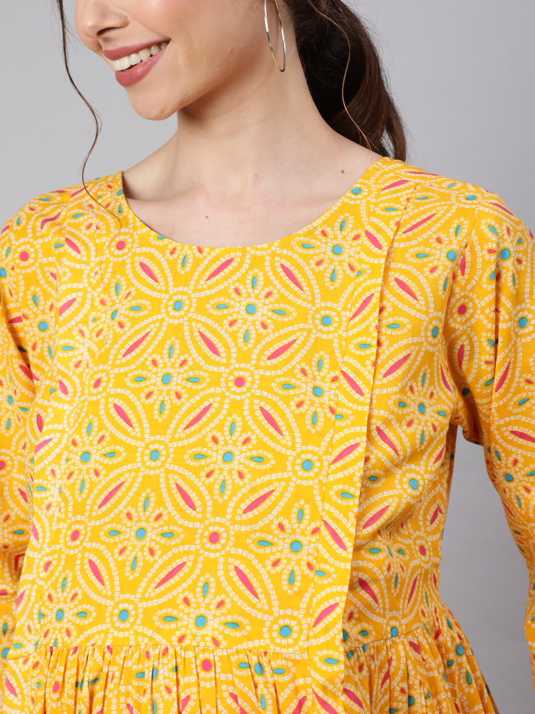 Yellow Ethnic Printed Flared Maternity Dress