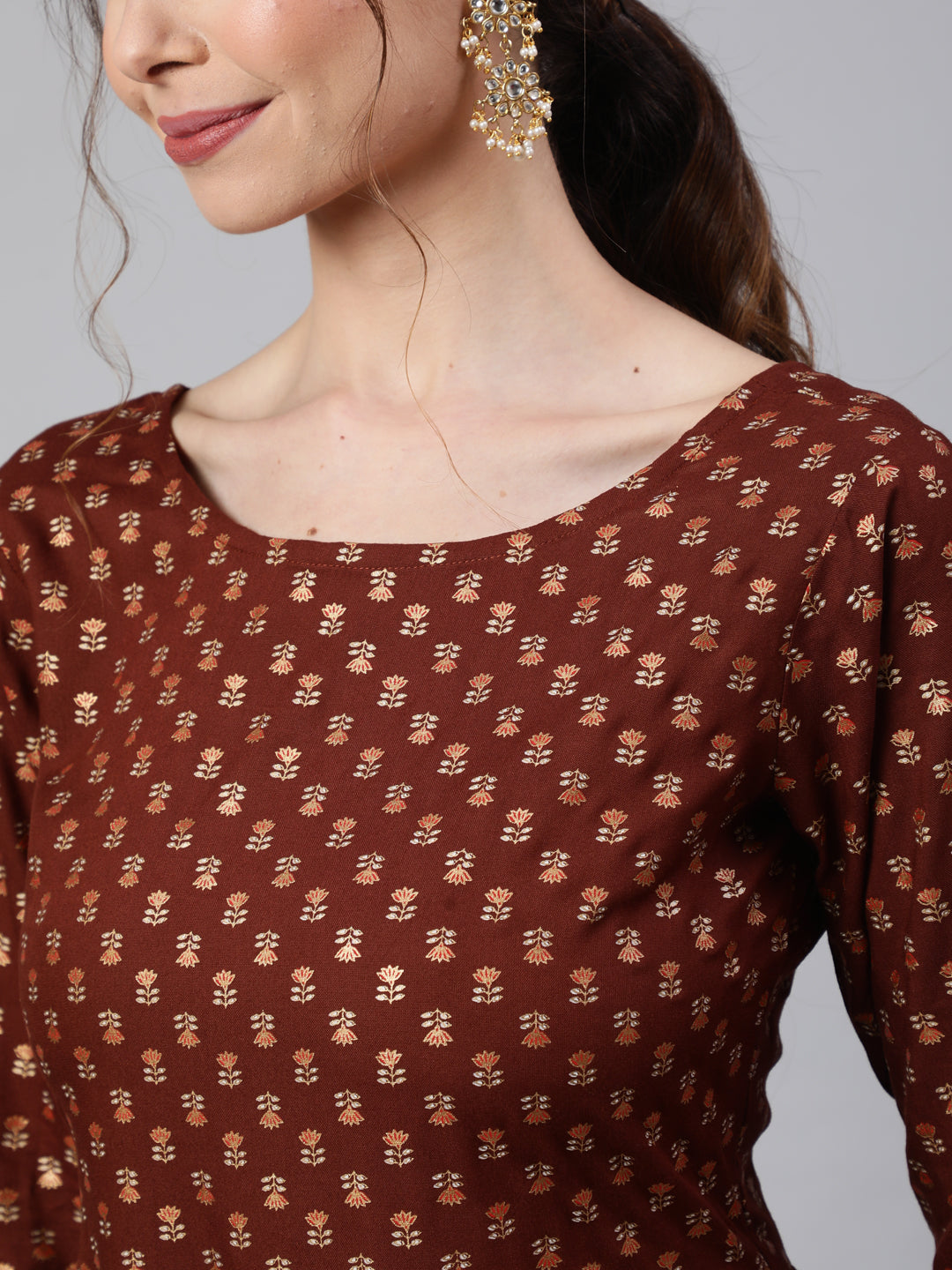 Brown Printed Flared Dress With Three Quarter Sleeves