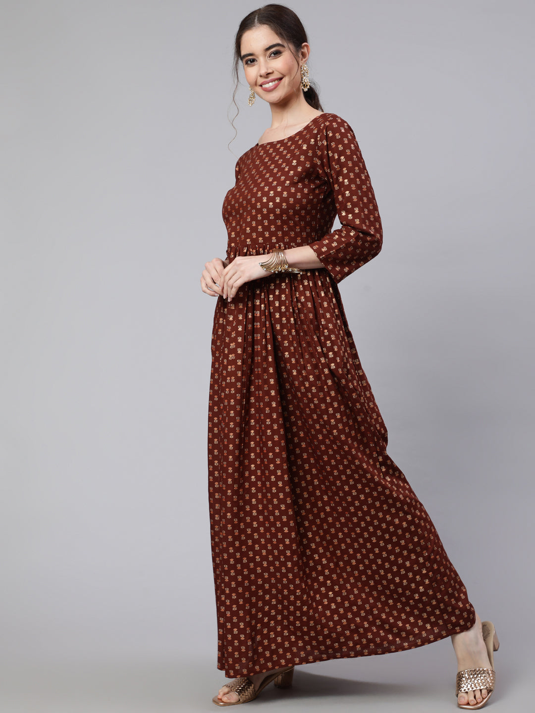 Brown Printed Flared Dress With Three Quarter Sleeves