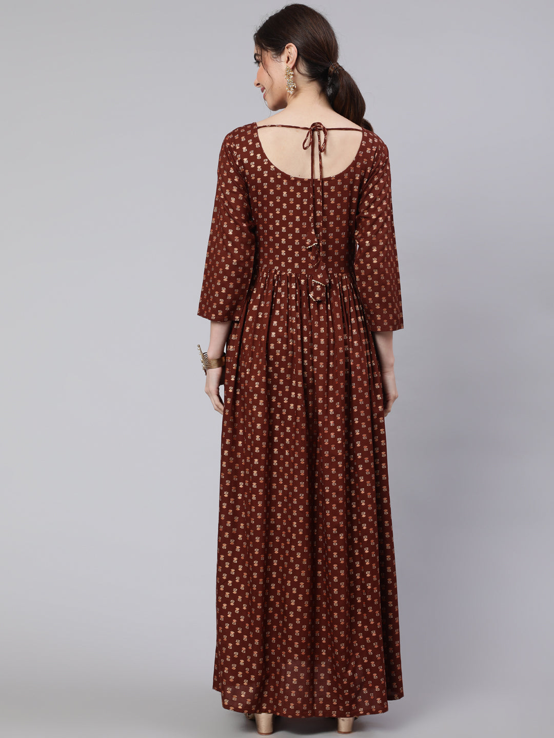 Brown Printed Flared Dress With Three Quarter Sleeves
