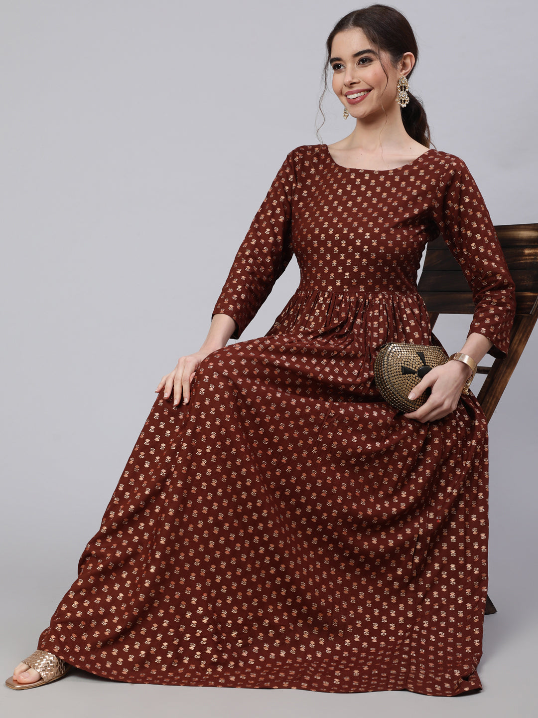 Brown Printed Flared Dress With Three Quarter Sleeves