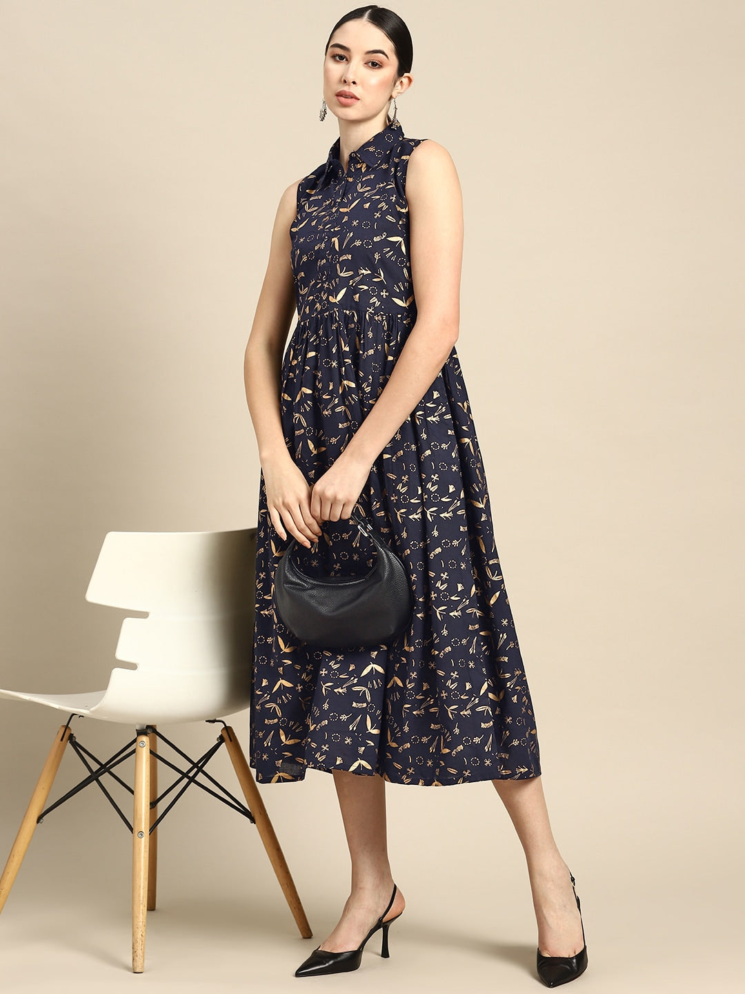 Women Navy Blue Printed Flared Dress With Three Quarter Sleeves