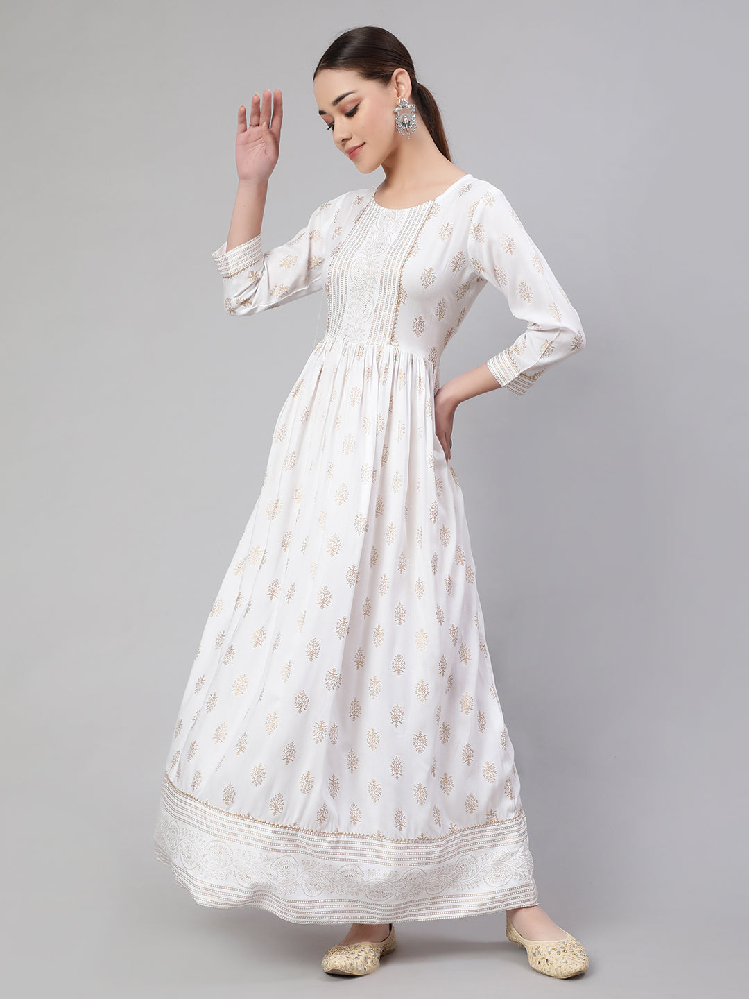 Off-White Ethnic Printed Flared Dress With Three Quarter Sleeves