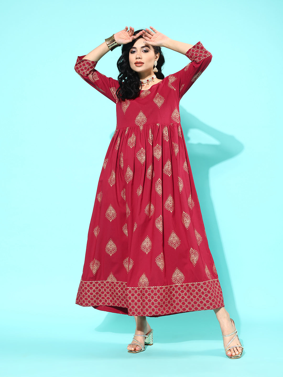 Maroon Ethnic Printed Flared Dress With Three Quarter Sleeves