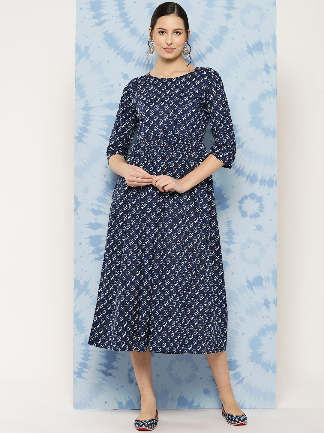 Navy Blue Printed Flared Dress With Three Quarter Sleeves