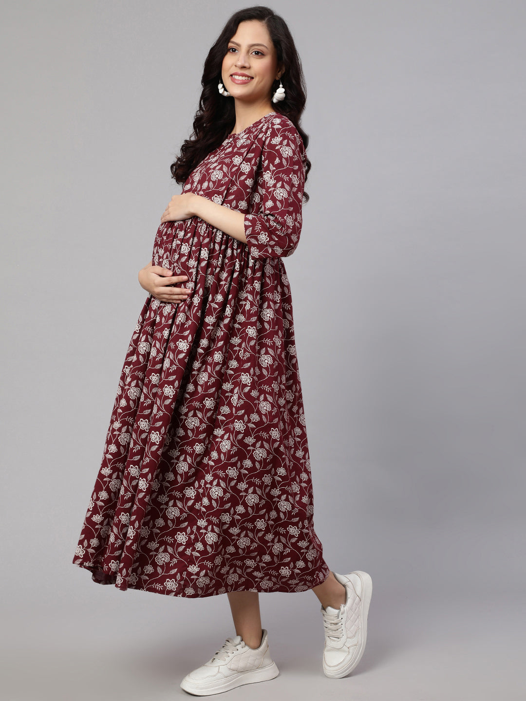 Women Burgundy Printed Flared Maternity Dress