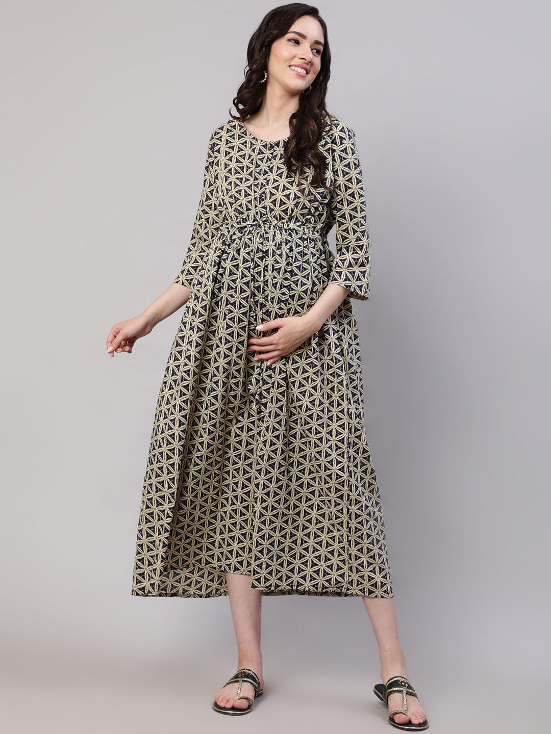Beige Printed Flared Maternity Dress