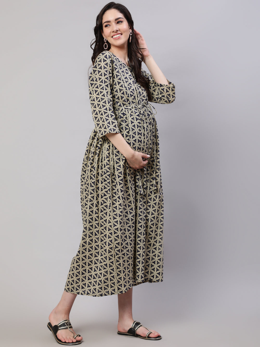 Beige Printed Flared Maternity Dress