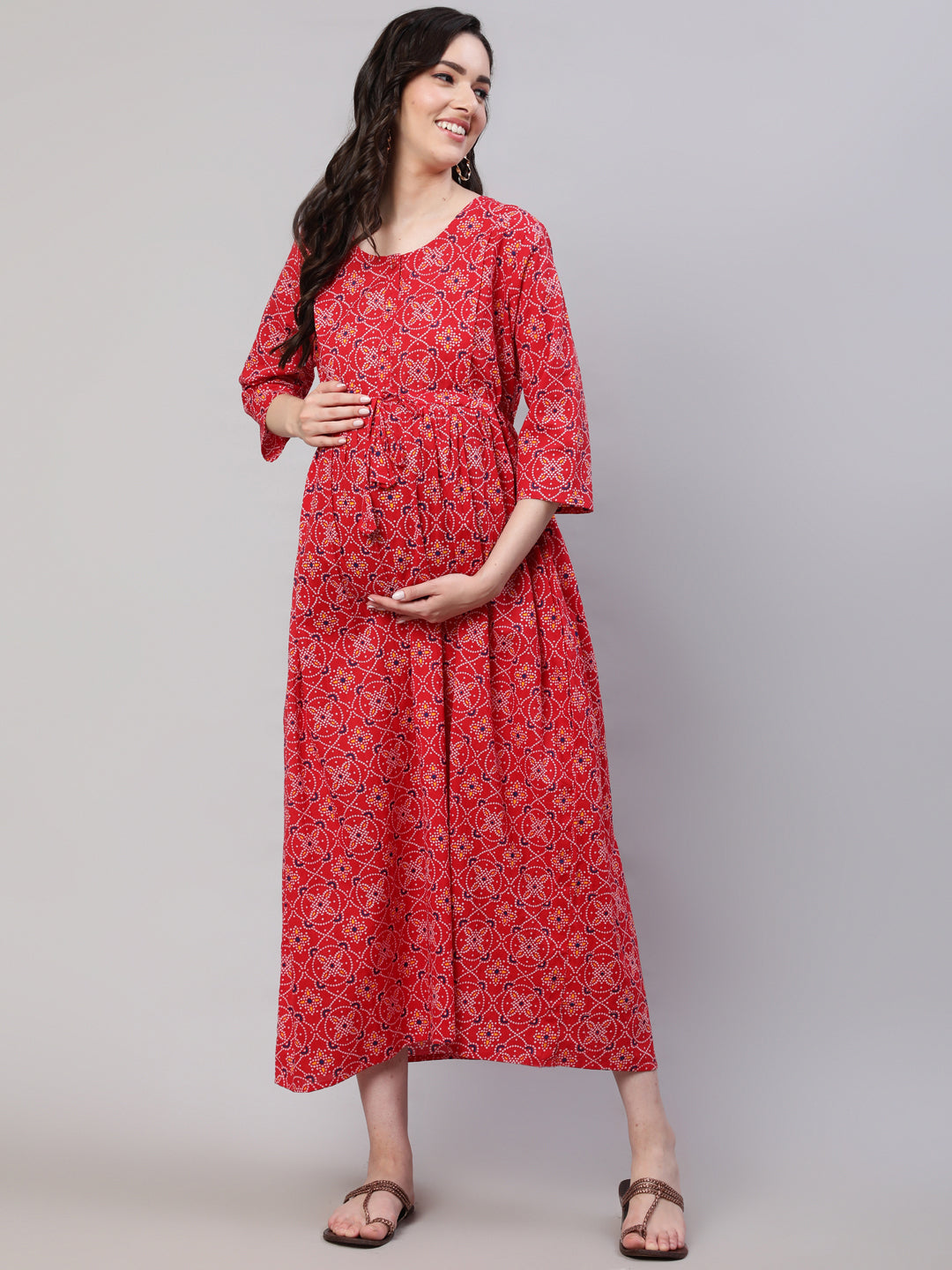 Red Printed Flared Maternity Dress