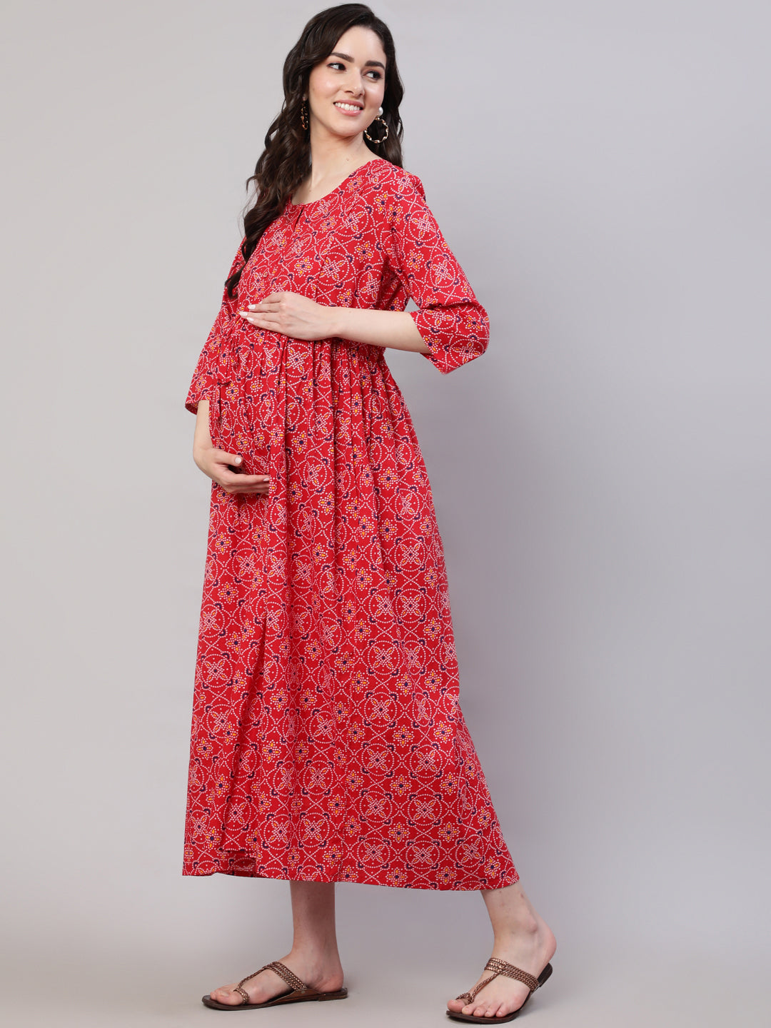 Red Printed Flared Maternity Dress
