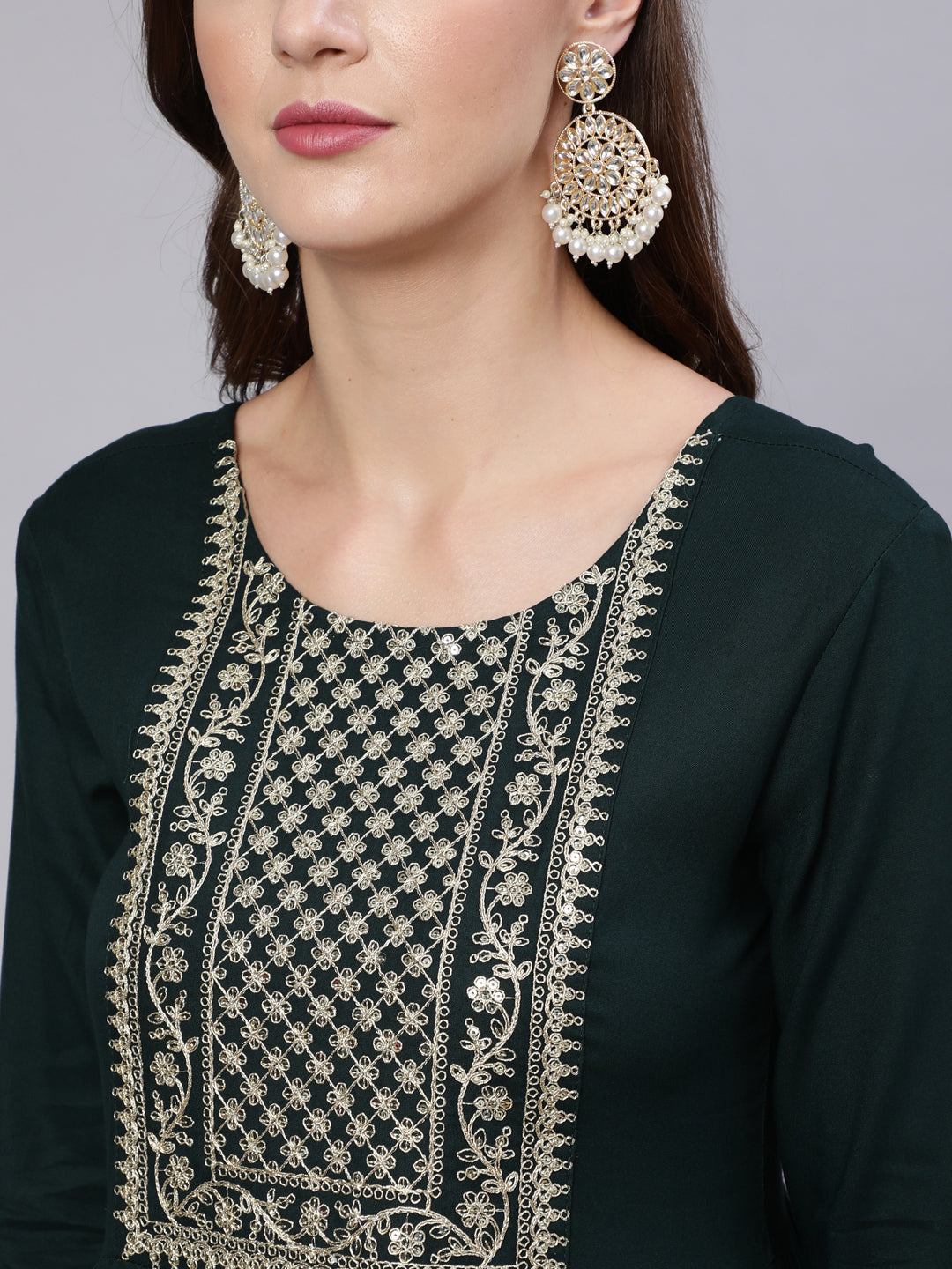 Green Embroidered Flared Dress With Net Dupatta