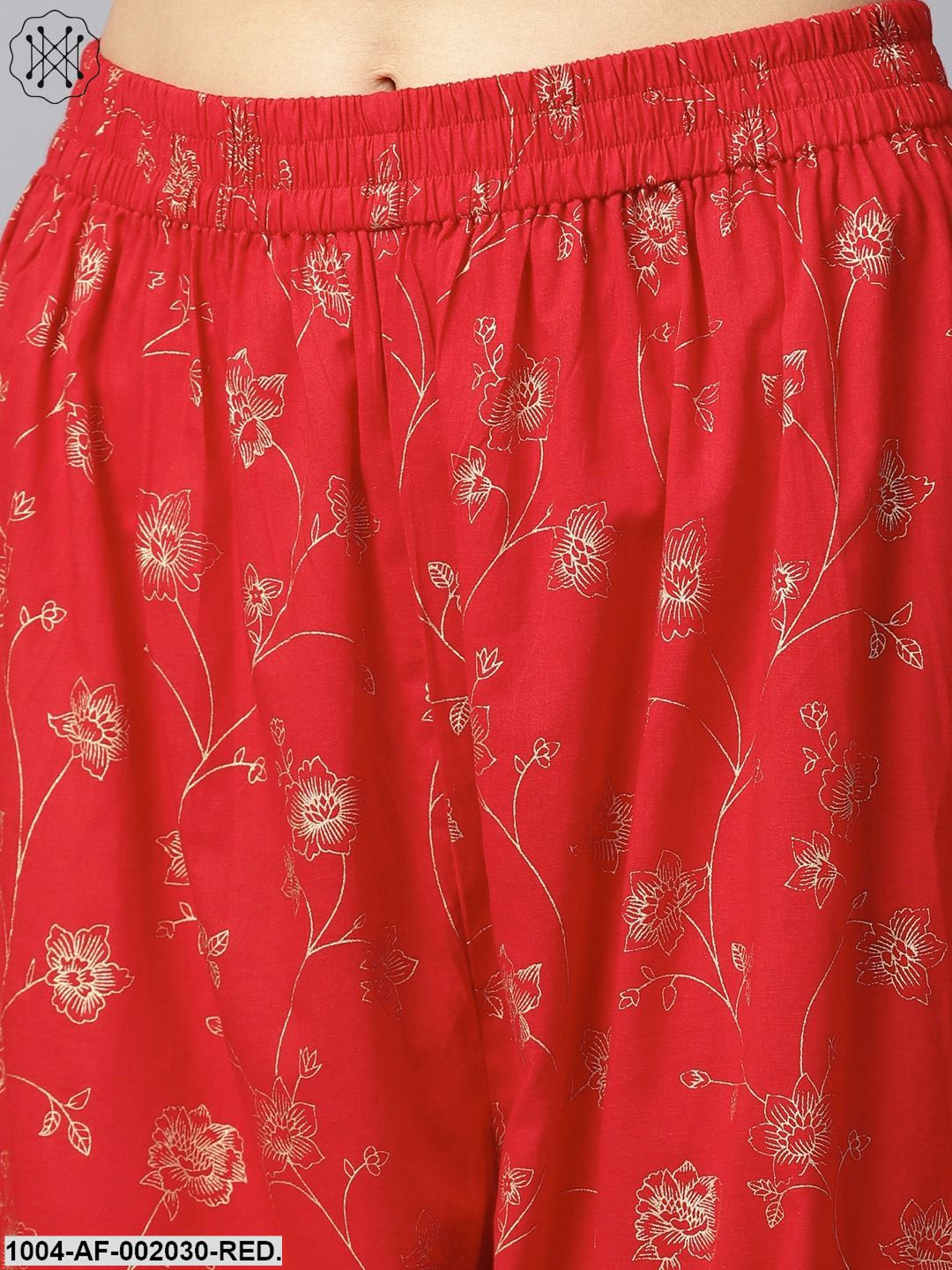 Red Yoke Printed 3/4Th Sleeve Cotton Kurta With Printed Ankle Length Palazzo