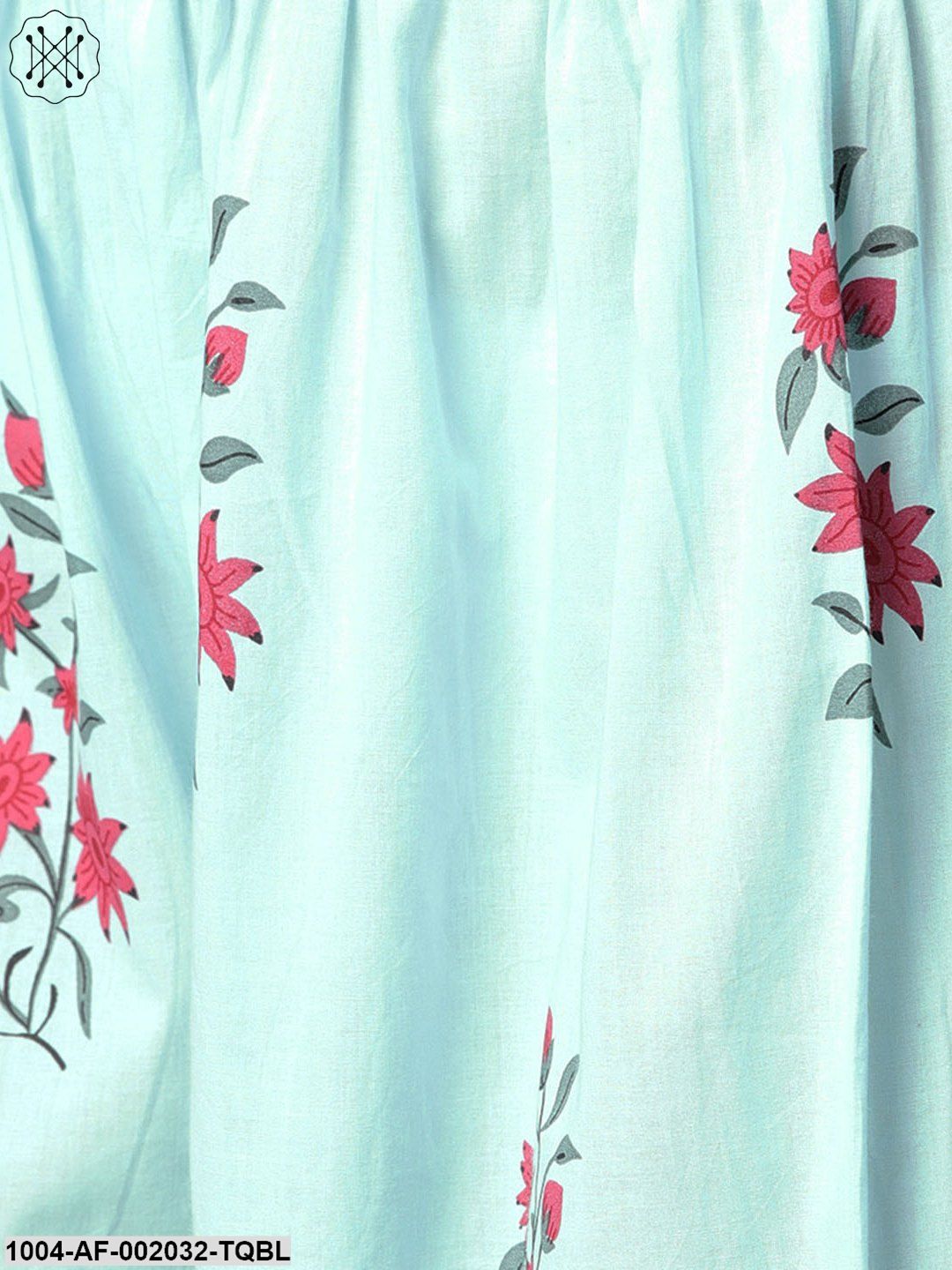 Turquoise Blue Printed 3/4Th Sleeve Cotton Anarkali Kurta With Printed Palazzo